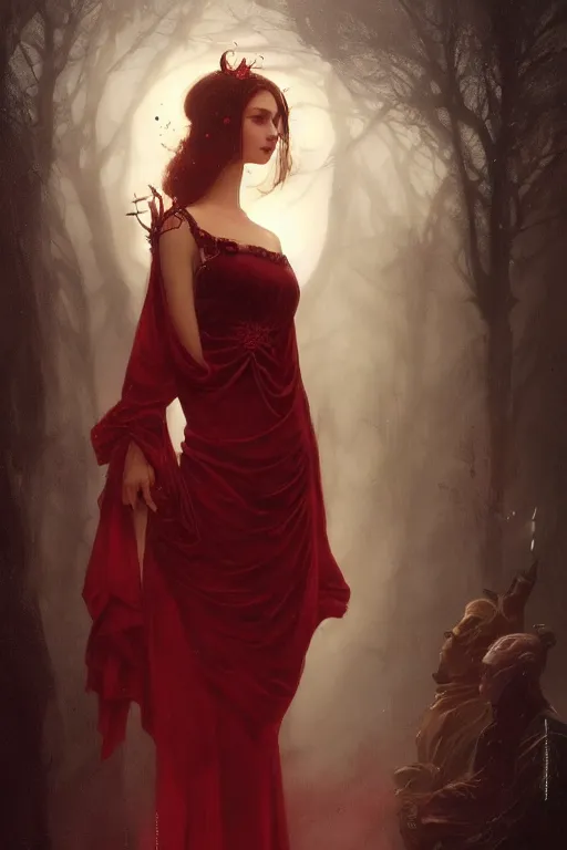 Image similar to a dark fantasy world, glowing, stars, a long-legged elegant evil woman, mysterious, ethereal, dressed in red velvet, haute couture, illustration, dramatic lighting, soft details, painting, by Edmund Blair Leighton, Brom, Charlie Bowater, trending on artstation, faces by Tom Bagshaw, Sargent