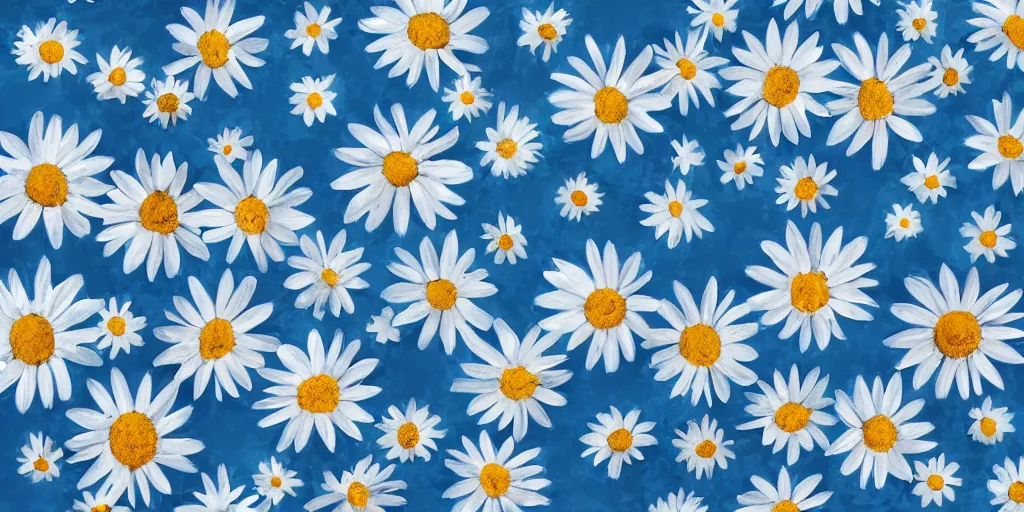 Image similar to light blue daisies on bottom half of painting, matte painting, white background