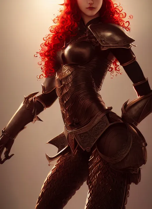 Image similar to leather armor!!! beautiful and elegant curly red hair female elf!! gorgeous ayes!! character concept art, sharp focus, octane render! unreal engine 5! highly rendered!! trending on artstation!! detailed linework!! illustration by artgerm, wlop, and chie yoshii