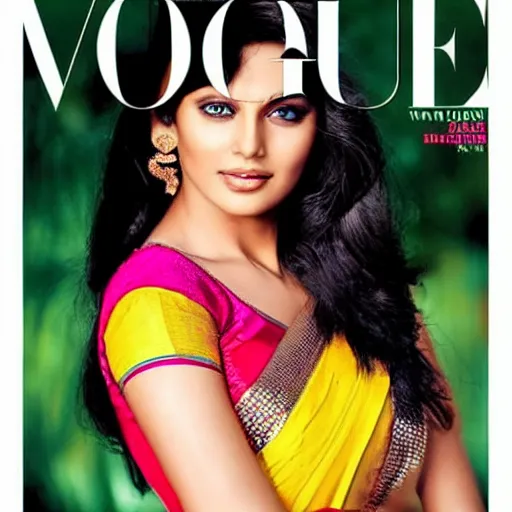 Prompt: a hot girl in a saree Vogue magazine cover photo