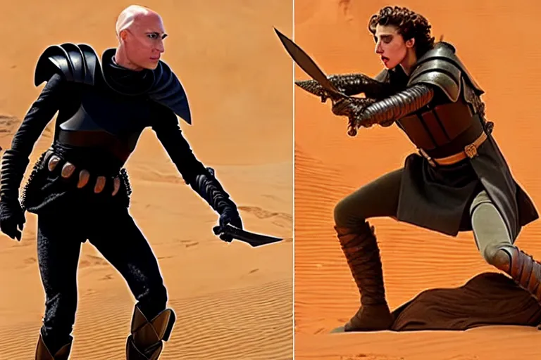 Prompt: a dagger-fight between bald_ominous_brooding_Austin_Butler_as_Feyd-Rautha_Harkonnen against Timothee_Chalamet_as_Paul_Atreides, in an arena fight-pit in movie Dune-2021, golden ratio, clear gaze, detailed eyes