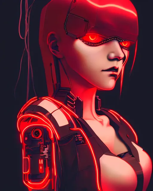 Image similar to a detailed potrait of a cyberpunk cyborg girl with black and red parts, fine - face, realistic shaded perfect face, detailed. night setting. very anime style. realistic shaded lighting poster by ilya kuvshinov katsuhiro, unreal engine, global illumination, radiant light, detailed and intricate environment