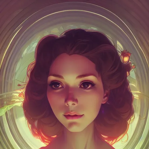 Image similar to the gazing into the gorgeous face of infinity, ambient lighting, 4 k, lois van baarle, ilya kuvshinov, rossdraws, alphonse mucha, jung gi kim, artstation