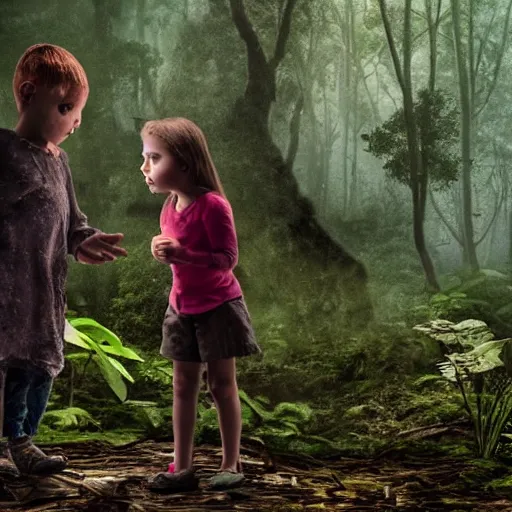 Prompt: a children talking with a haunting phantom in the middle of a rain forest, realistic, obscure, dramatic scene