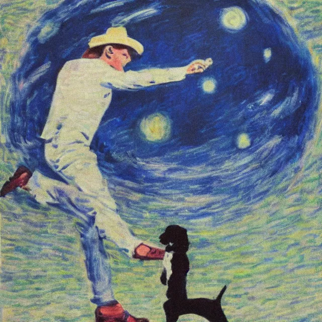 Prompt: david bowie wearing a fedora, kicking a puppy on the moon by monet