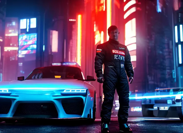 Prompt: cyberpunk F1 Driver crossed arms black white race suit blue emissive standing next to 2034 sports car RX7 S15 MK5 Supra GTR Bladerunner 2049 still screengrab beautiful cinematography wallpaper render Volumetric Lighting UE4 RTX Jim Burns Flickr 50mm lens, f1.8