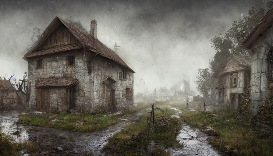 Prompt: Emply abandoned medieval village at rainy day, grey sky, muddy road, damaged wooden house, sad feeling, hyperdetailed, artstation, cgsociety, 8k