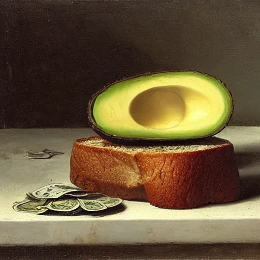 Image similar to still life by willem claesz heda, avocado toast, money