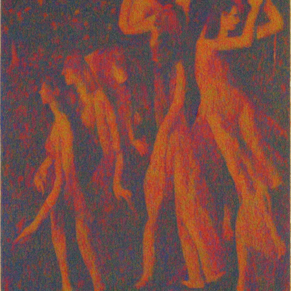 Prompt: a film still of suspiria by dario argento 1 9 7 7 movie, painted by georges seurat, impressionism, pointillism, high quality, detailed, print!