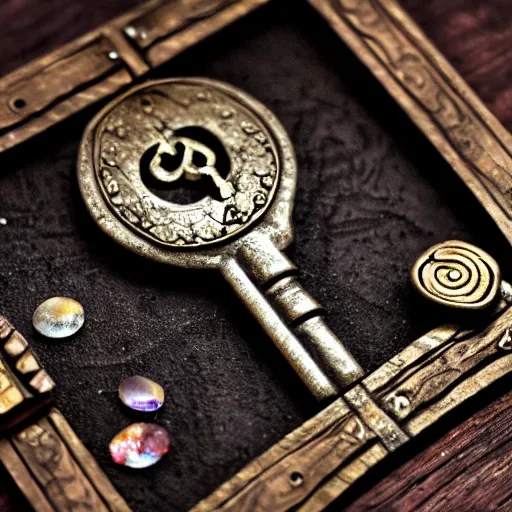 Image similar to a large ornate key with gems and engraved runes, on a rough wooden dungeon table, very dark, d & d, underexposed macro photo
