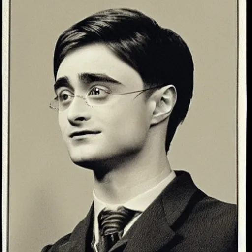 Image similar to photograph of daniel radcliffe, male, 1 9 0 0 s, 1 9 1 0 s, grainy, slightly blurry, faded, realistic face