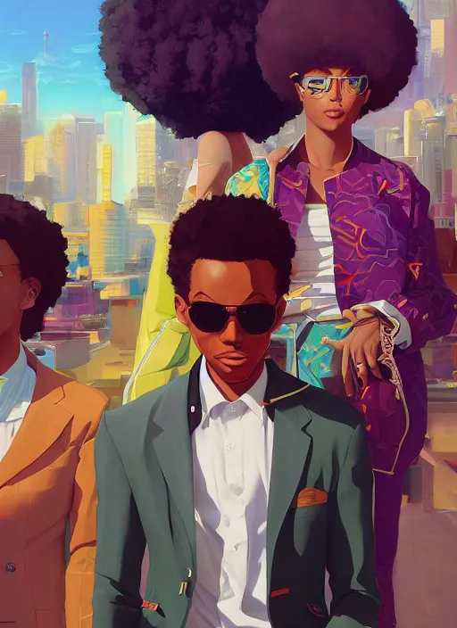 Image similar to afro - futurist hustlers, lavish lifestyle and money, expensive cars, fashionable, jacking the metaverse | hyperrealistic oil painting | by makoto shinkai, ilya kuvshinov, lois van baarle, rossdraws | afrofuturism, in the style of boondocks, trending on artstation | dark color scheme