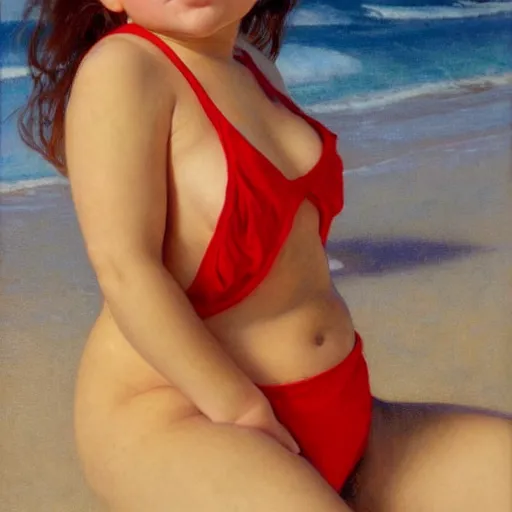 Prompt: portrait of cute young chubby courtney cox in red swimsuit sitting on a beach, intricate, hyperdetailed, photorealistic, diffuse lighting, hdrp, artstation, unreal 5, smooth, textless, sharp focus, art by john collier, albert aublet, krenz cushart, artem demura, alphonse mucha