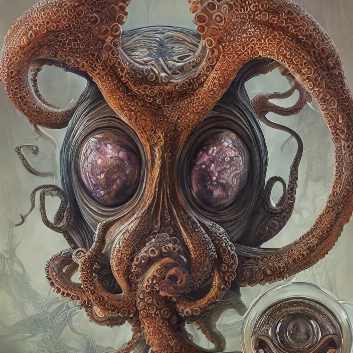 Prompt: beautiful and exotic octopus queen bust portrait, glowing big eyes, art nouveau declotage, perfect symmetrical facial features, hyperrealistic bone structure, desaturated, beautiful lighting, extremely hyperdetailed, mixed media painting, unreal engine, 8 k, octane, 8 mm, by travis charest, rodney matthews and chris achilleos