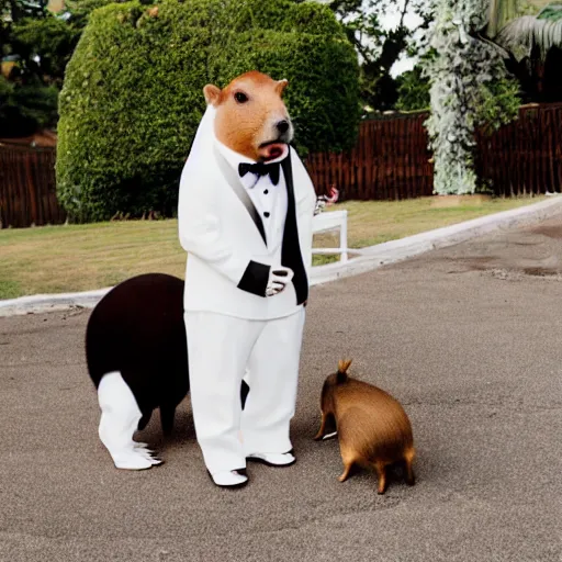 Image similar to a capybara wearing a tuxedo at a wedding