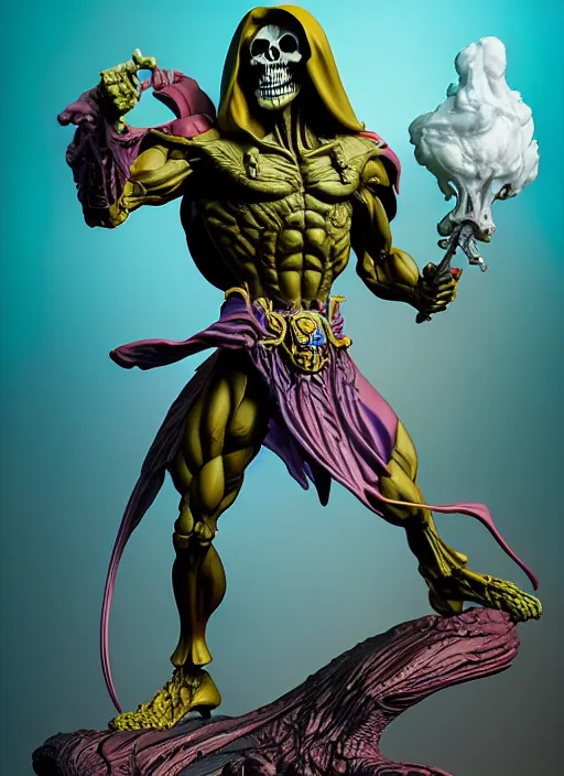 Image similar to hyperrealistic rendering, skeletor by bernie wrightson and killian eng and joe fenton, product photography, action figure, sofubi, studio lighting, colored gels