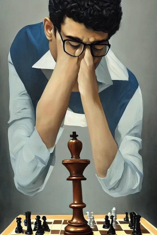 Prompt: a painting of anish giri as chess theoretician pondering over a chess board, a surrealist painting by james jean, trending on cgsociety, pop surrealism, androgynous, grotesque, angular