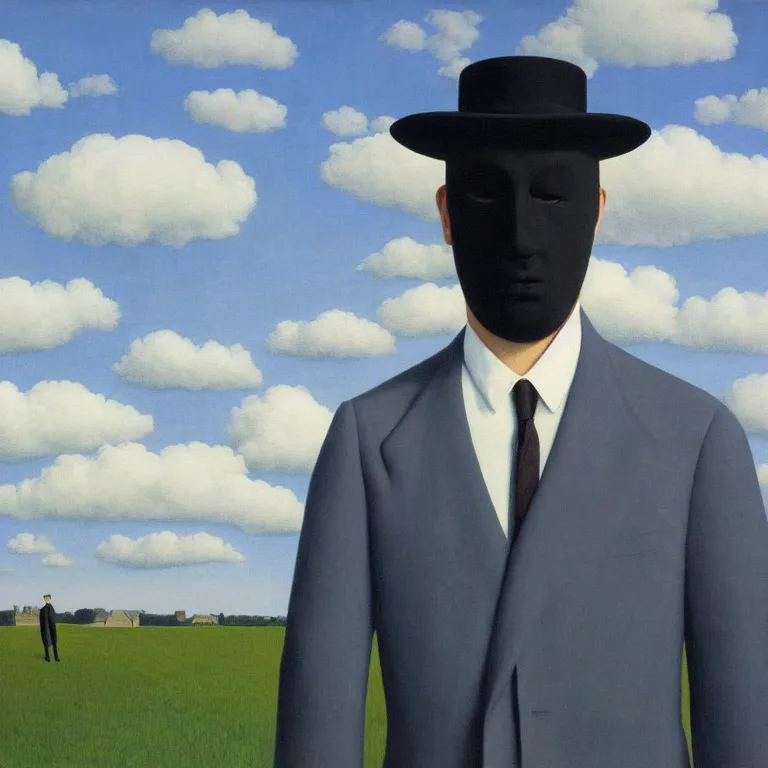 Image similar to portrait of a faceless masked - head man in a suit, clouds and nature landscape in the background, by rene magritte, detailed painting, distance, centered, hd, hq, high resolution, high detail, 4 k, 8 k