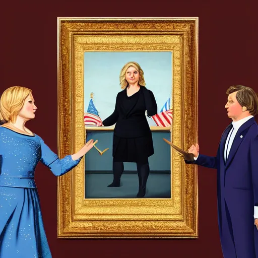 Image similar to hyperdetailed elaborate minimalist photorealistic portrait of Leslie Knope taking the oath of office as president of the united states in the style of Caravaggio