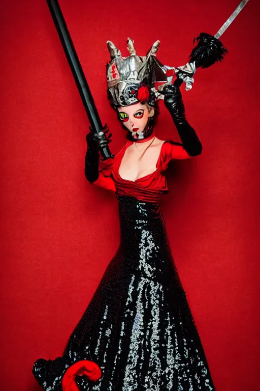 Image similar to Lord Licorice in a red and black sequins gown holding a peppermint sword