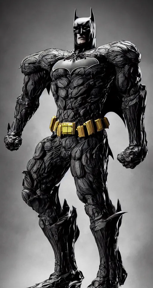 Image similar to Batman Designed By Moebius Yasushi Nirasawa and HR Giger, full body action pose, hyperrealistic, octane render, HDR, volumetric lighting,