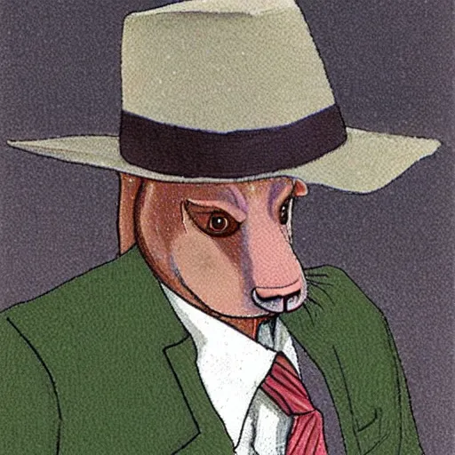Image similar to a beagle wearing a business suit and fedora, by moebius