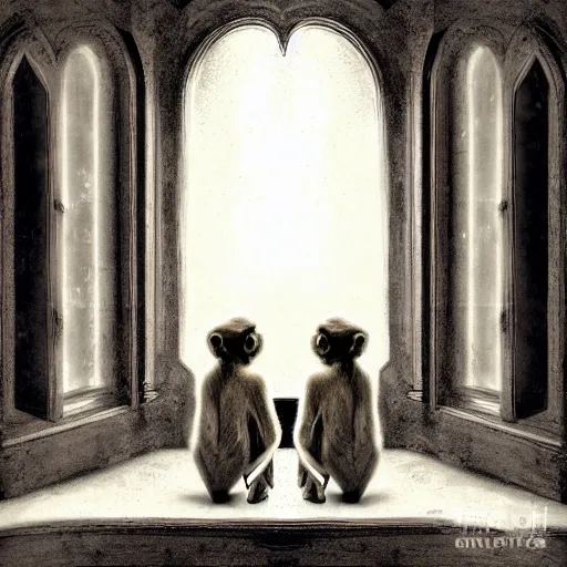 Image similar to two macaques looking at each other inside victorian mansion, digital art, soft shadows, creepy art, flare effect