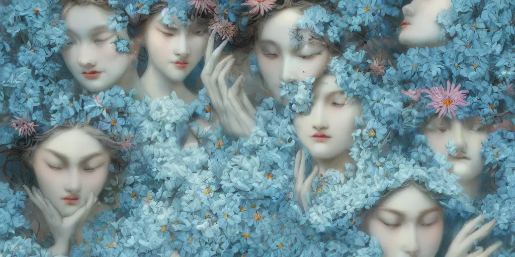 Image similar to breathtaking detailed concept art painting art deco pattern of faces goddesses of light blue flowers with anxious piercing eyes and blend of flowers and birds, by hsiao - ron cheng and john james audubon, bizarre compositions, exquisite detail, extremely moody lighting, 8 k