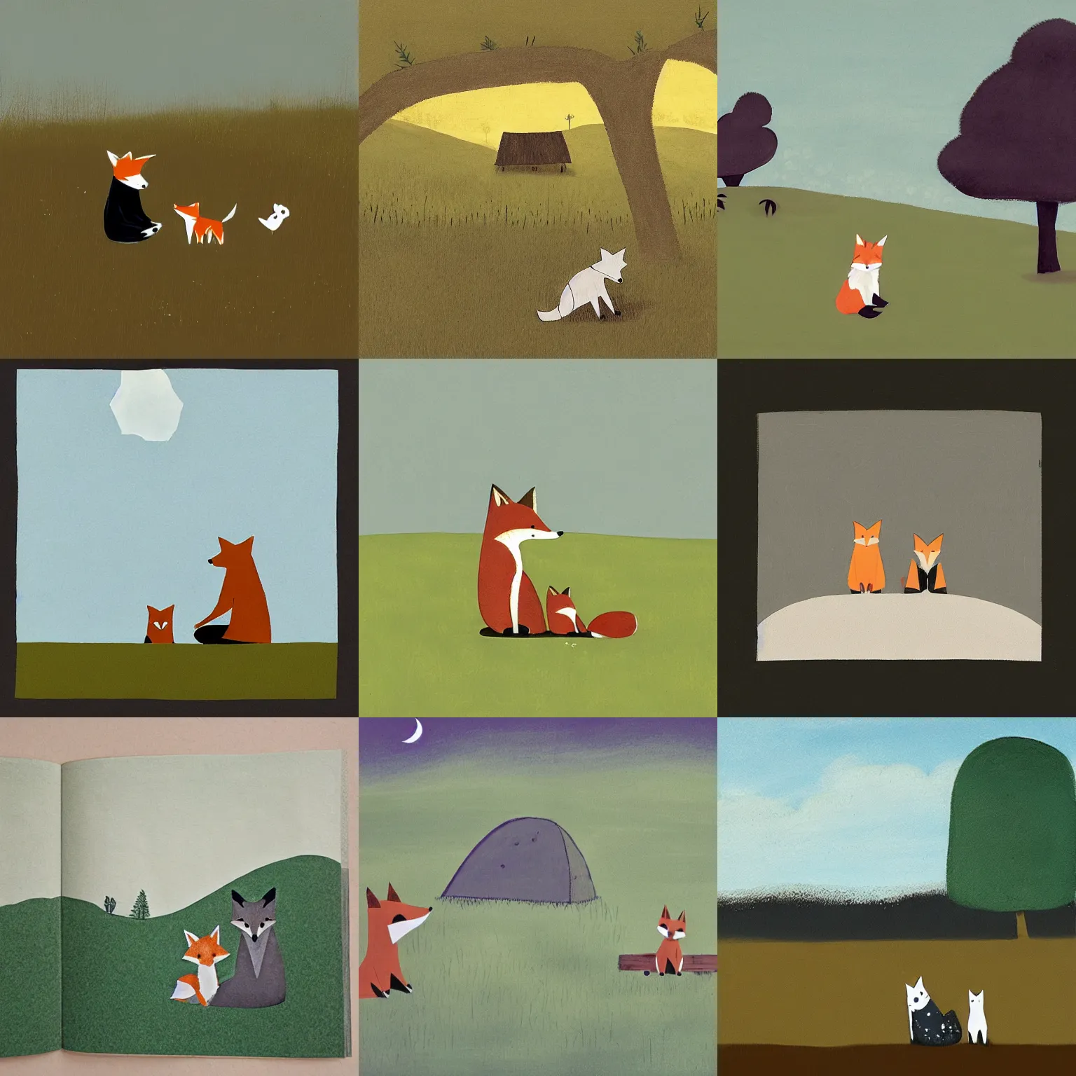 Prompt: a fox and a boy sitting in a field by jon klassen