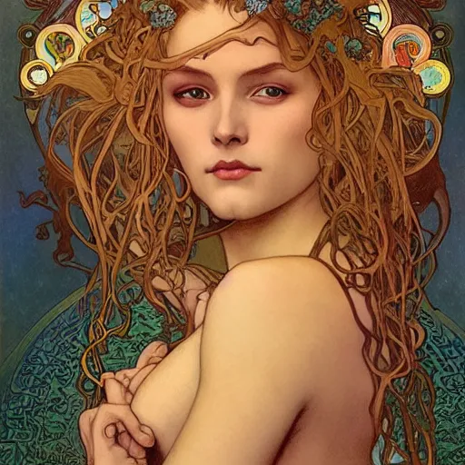 Prompt: realistic detailed face portrait of the queen of Atlantis, water, dark complexion, by Alphonse Mucha, Amano, Charlie Bowater, Karol Bak, Greg Hildebrandt, Jean Delville, and Mark Brooks, Art Nouveau, Neo-Gothic, gothic, rich deep moody colors