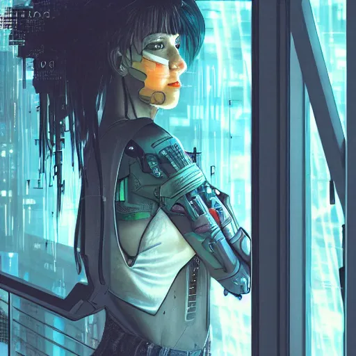 Image similar to portrait of cyberpunk woman looking out of a window, cyberpunk setting, futuristic, highly detailed, intricate lighting, digital painting, sharp focus, illustration, trending on artstation, art by kawacy.