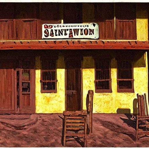 Prompt: painting of a western saloon exterior in old town, spaghetti western, quentin tarantino