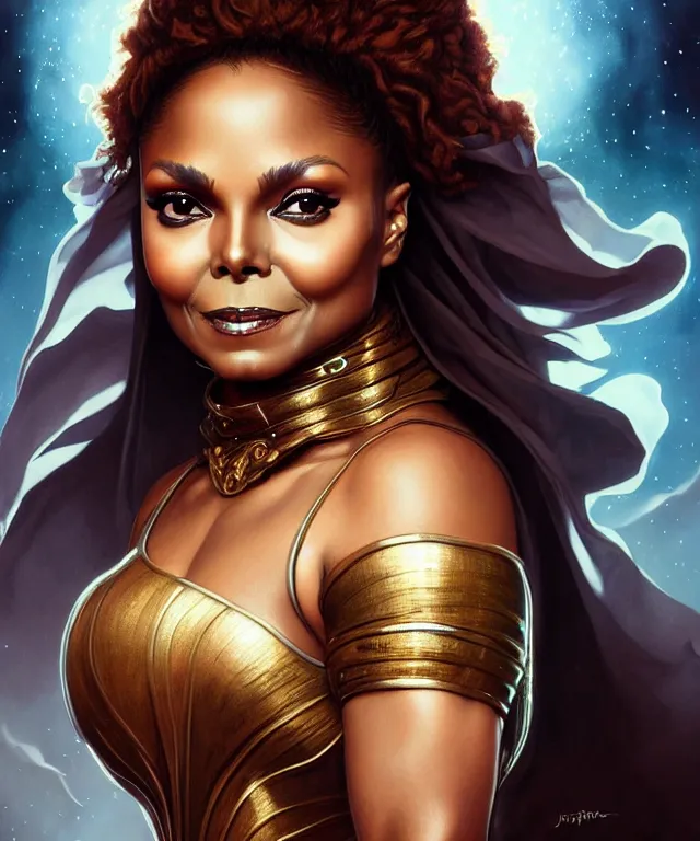 Image similar to Janet Jackson as a fantasy magic woman portrait, sci-fi, amber eyes, face, long hair, fantasy, intricate, elegant, highly detailed, digital painting, artstation, concept art, smooth, sharp focus, illustration, art by artgerm and greg rutkowski and alphonse mucha