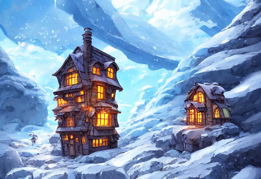 Image similar to tiny chubby steampunk house on a glacier, ice, rocks, snowfall, intricate oil painting, high detail illustration, sharp high detail, manga and anime 1 9 9 9, official fanart behance hd artstation by jesper ejsing and makoto shinkai, 4 k,