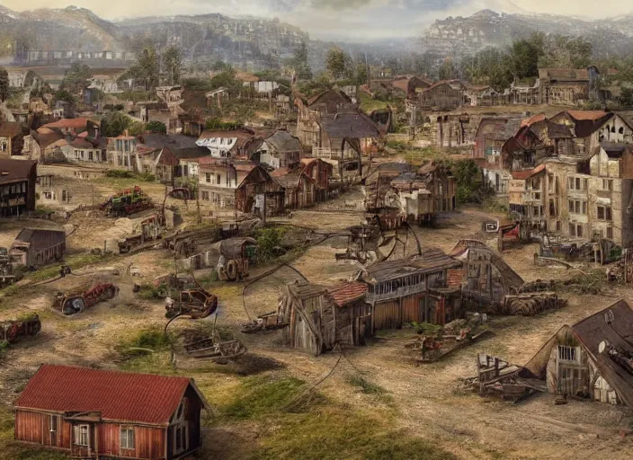 Prompt: realistic photo of a town, settlement, buildings, detailed scenery