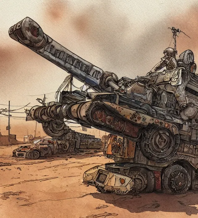 Image similar to a watercolor ink painting of a post - apocalyptic mad max / fallout style tank in the style of jean giraud in the style of moebius trending on artstation deviantart pinterest detailed realistic hd 8 k high resolution