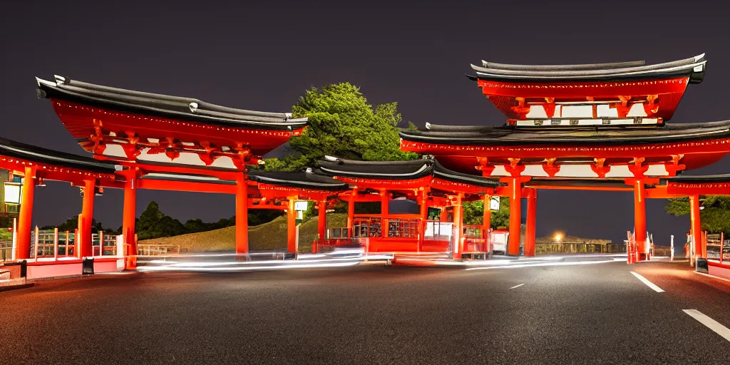 Image similar to A night photo of a school bus driving towards a Japanese Torii gate at Mount Fuji location in Japan, time travel, 4K, global illumination, ray tracing
