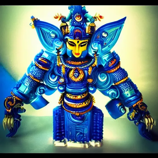 Prompt: “blue multi armed hindu god imagined as a Michael Bay style transformer, 4k hd, ultradetailed, colorful, high end photography”