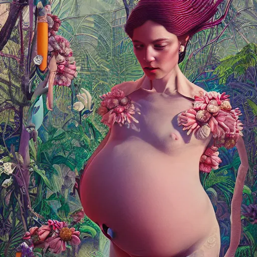 Image similar to pretty pregnant model with botanical : : by martine johanna and simon stalenhag and chie yoshii and casey weldon and wlop : : ornate, dynamic, particulate, rich colors, intricate, elegant, highly detailed, vogue, harper's bazaar art, fashion magazine, smooth, sharp focus, 8 k, octane render