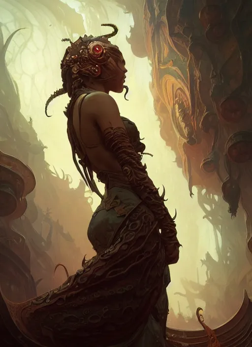 Image similar to lovecraftian atmosphere, deep focus, d & d, fantasy, intricate, elegant, highly detailed, digital painting, artstation, concept art, matte, sharp focus, illustration, hearthstone, art by artgerm and greg rutkowski and alphonse mucha