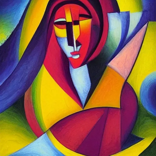 Prompt: woman in glorious robes rose up vast as the skies, old as the mountains and formless as starlight to shelter the precious memories, matter, messages, high quality abstract art in the style of cubism and davinci and geogia o keefe,