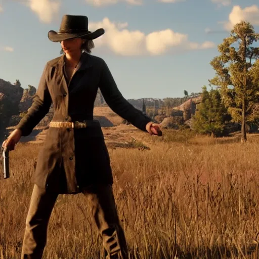 Image similar to natalie portman in red dead redemption 2, character render, full body shot, highly detailed, in game render