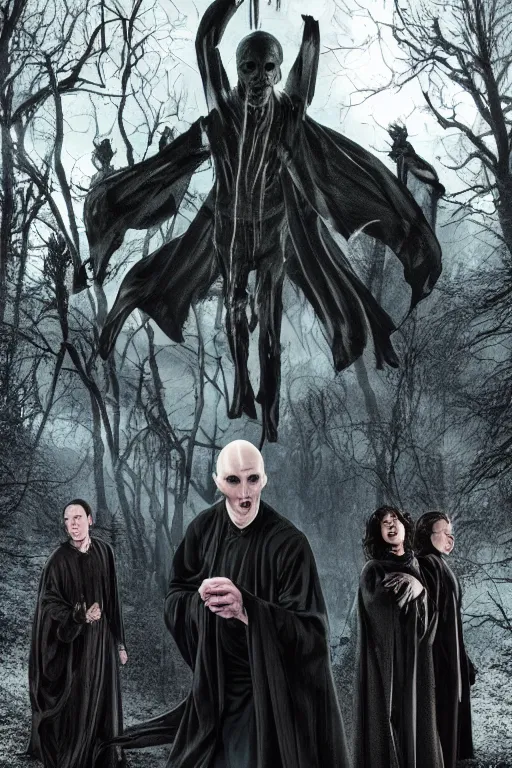 Prompt: lord Voldemort surrounded by death eaters in the forbidden forest