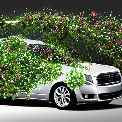 Image similar to a car being destroyed by flower covered vines, heonhwa choe, photorealistic