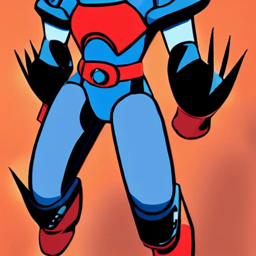 Prompt: Rock appears as a ten-year-old boy with spiky black hair, the color of which varies to brown, and blue in some sources. His armor, however, resembles that of most other Robot Masters in that it's a skintight bodysuit with large rounded coverings on the lower arms and legs, and typical 'superhero briefs'. Mega Man's primary color is light blue with a dark blue 'trim' (his arms, legs, helmet and 'briefs'). His helmet has a raised light blue square in the forehead and a light blue ridge running straight back from the square, resembling an exclamation mark. His helmet also features round light blue sections with red circles in the center over his ears. He also has red circles in his Mega Buster and below his feet.