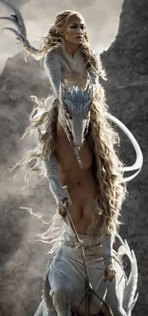 Image similar to Jennifer Lopez as Daenerys Targaryen riding a dragon, XF IQ4, 150MP, 50mm, F1.4, ISO 200, 1/160s, natural light