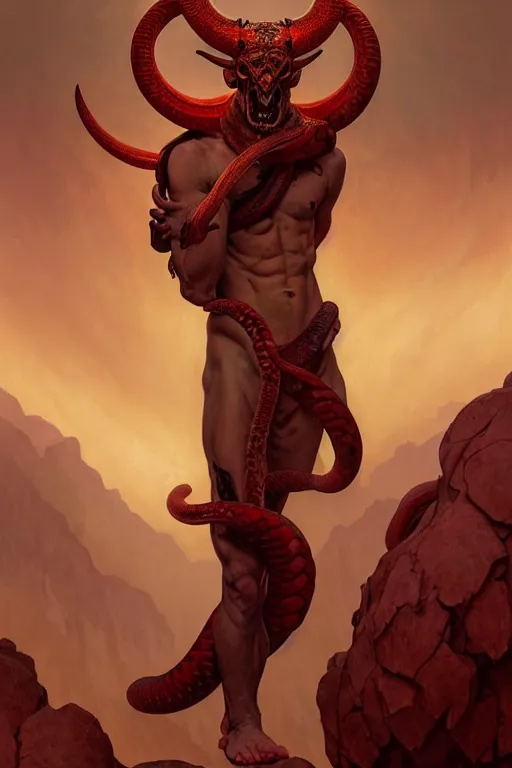 Prompt: portrait of a beautiful young fit male demon with ram horns, scaly snake like body, hellish scene, by greg rutkowski and alphonse mucha, d & d character, gradient red to yellow, in front of an hellish landscape background, highly detailed portrait, digital painting, artstation, concept art, smooth, sharp focus ilustration, artstation hq