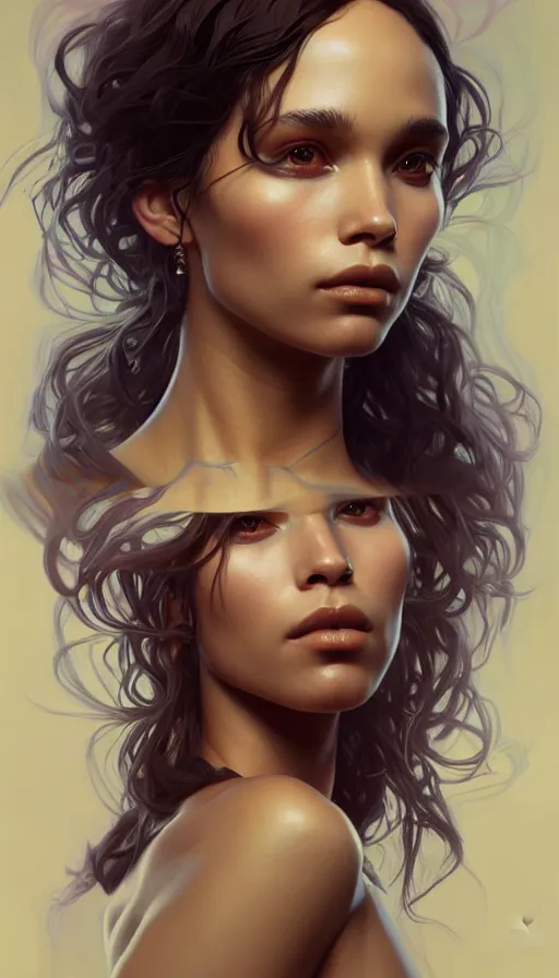 Image similar to symmetry!! zoe kravitz, machine parts embedded into face, intricate, elegant, highly detailed, digital painting, artstation, concept art, smooth, sharp focus, illustration, art by artgerm and greg rutkowski and alphonse mucha, 8 k