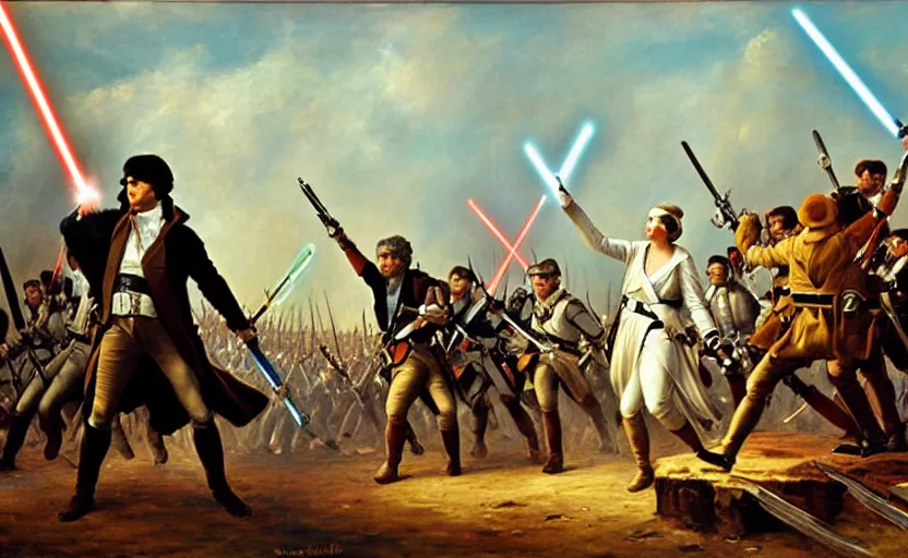 Image similar to liberty leading the people, french revolution, jedi, lightsaber, ewoks, endor forest, oil on canvas