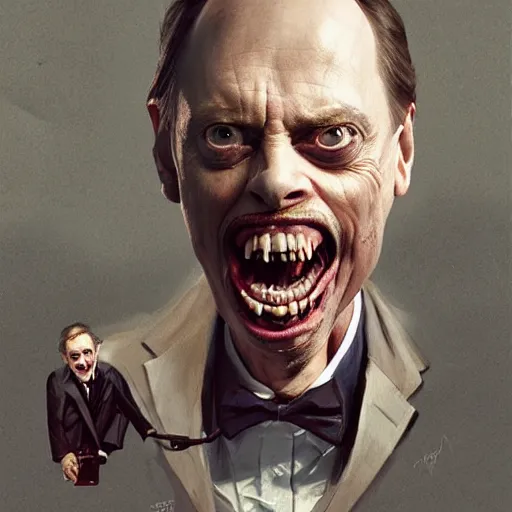 Image similar to hyper realistic absurd, silly, making insane faces, steve buscemi / john waters riding a tiny tricycle, painted by greg rutkowski, wlop, artgerm, dishonored 2, half life 2